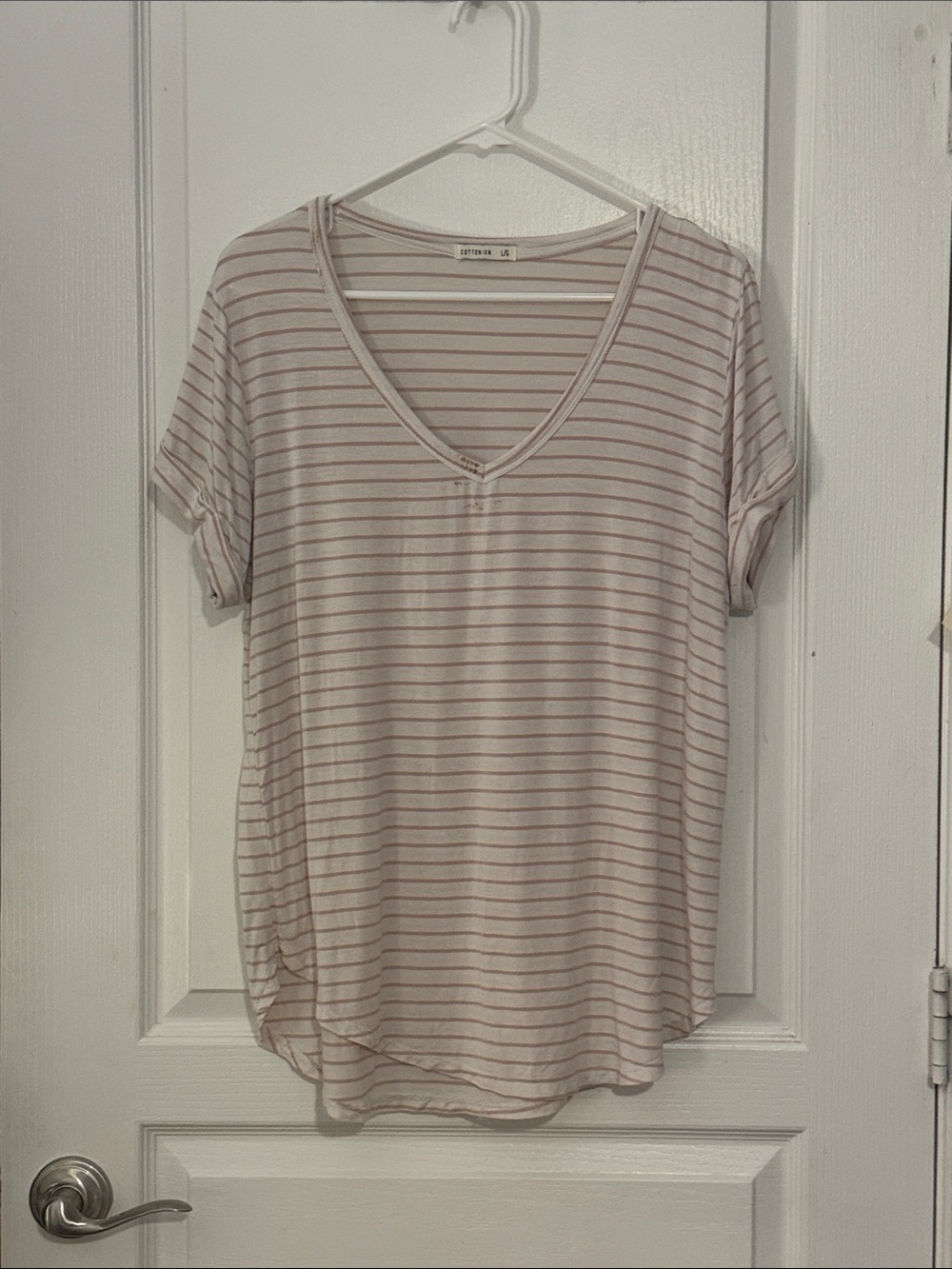 Cotton On Women's Pale Pink & White Striped V-Neck Tee